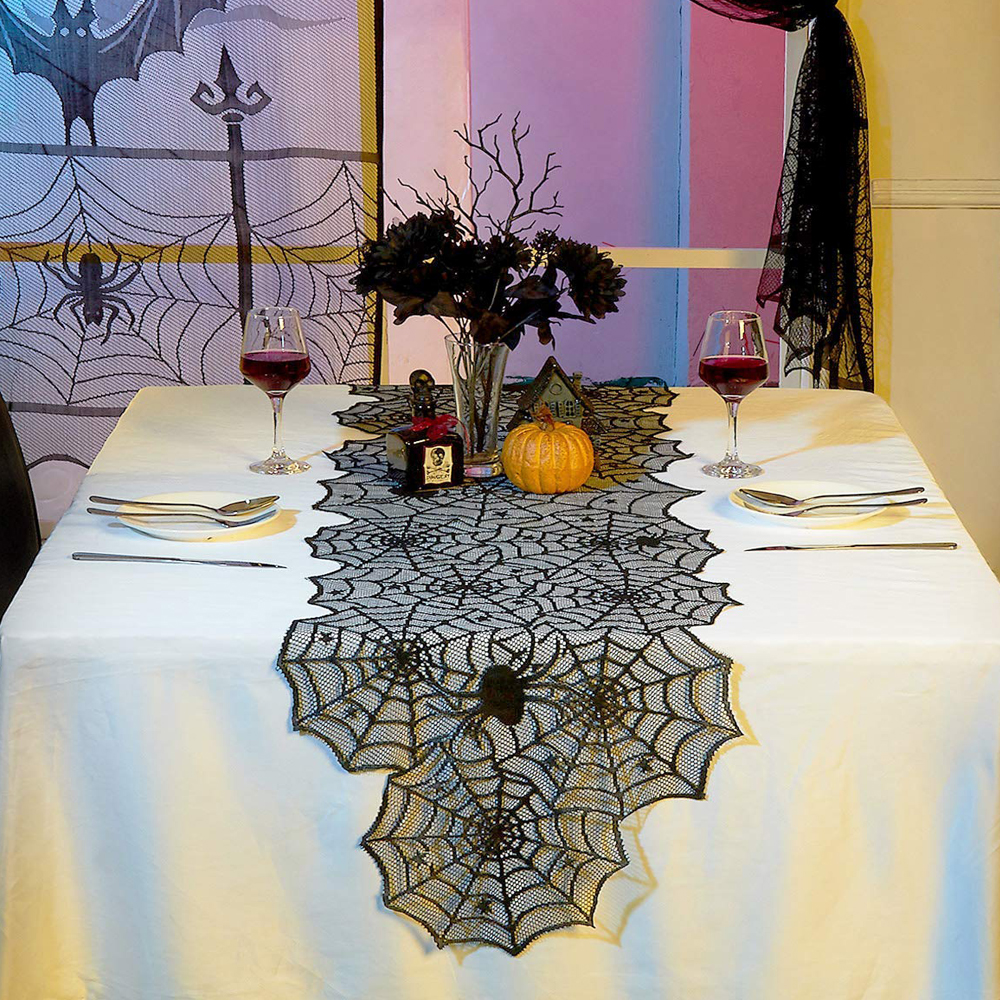 45cm x 182cm Halloween Cobweb Laced Table Cloth - Black